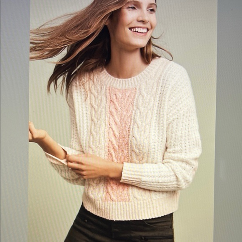 Sleeping on Snow for Anthropologie Women's Cream and Pink Cable Knit Sweater